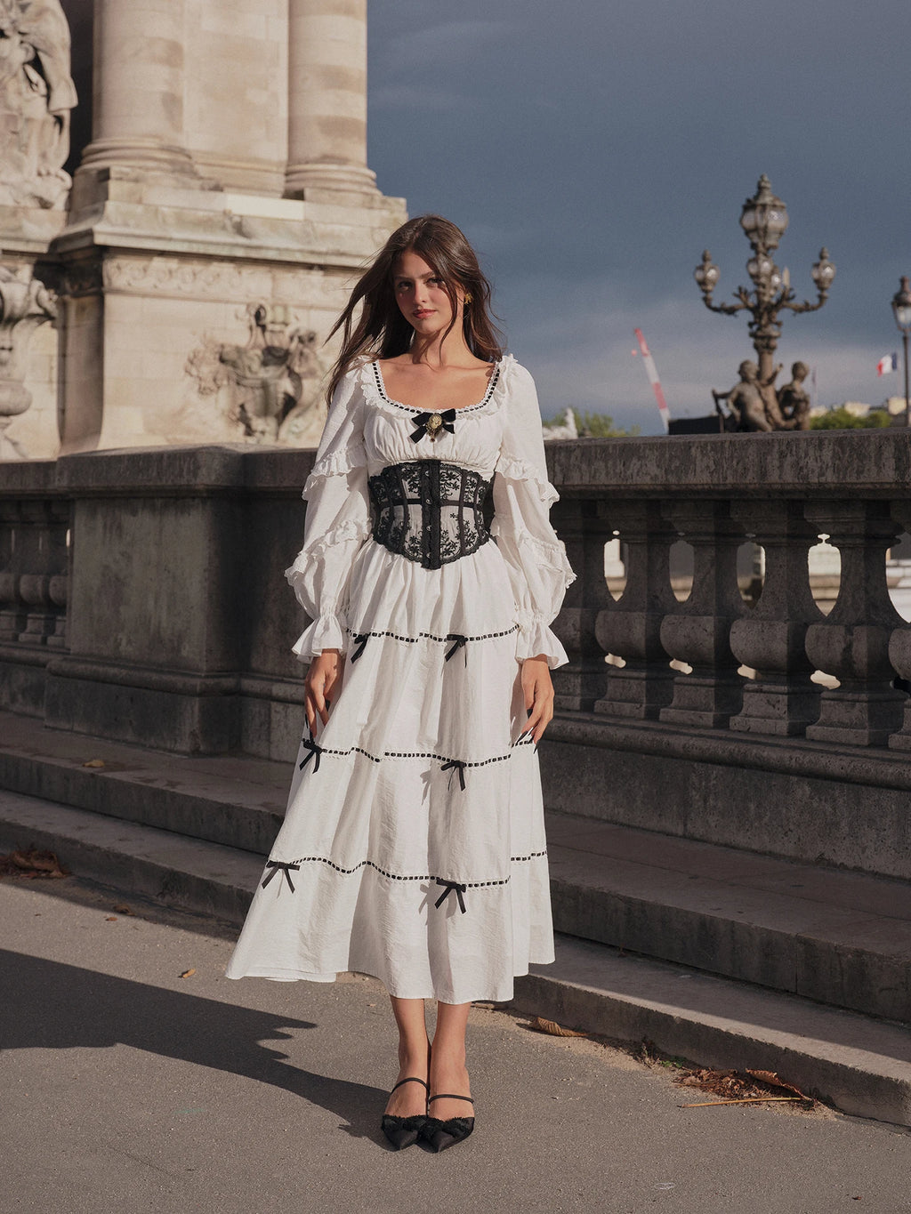 Gothica Parisian Fall White Maxi Dress Women Vintage Elegant Slim Lace Collar Long Sleeve French Halloween Dress