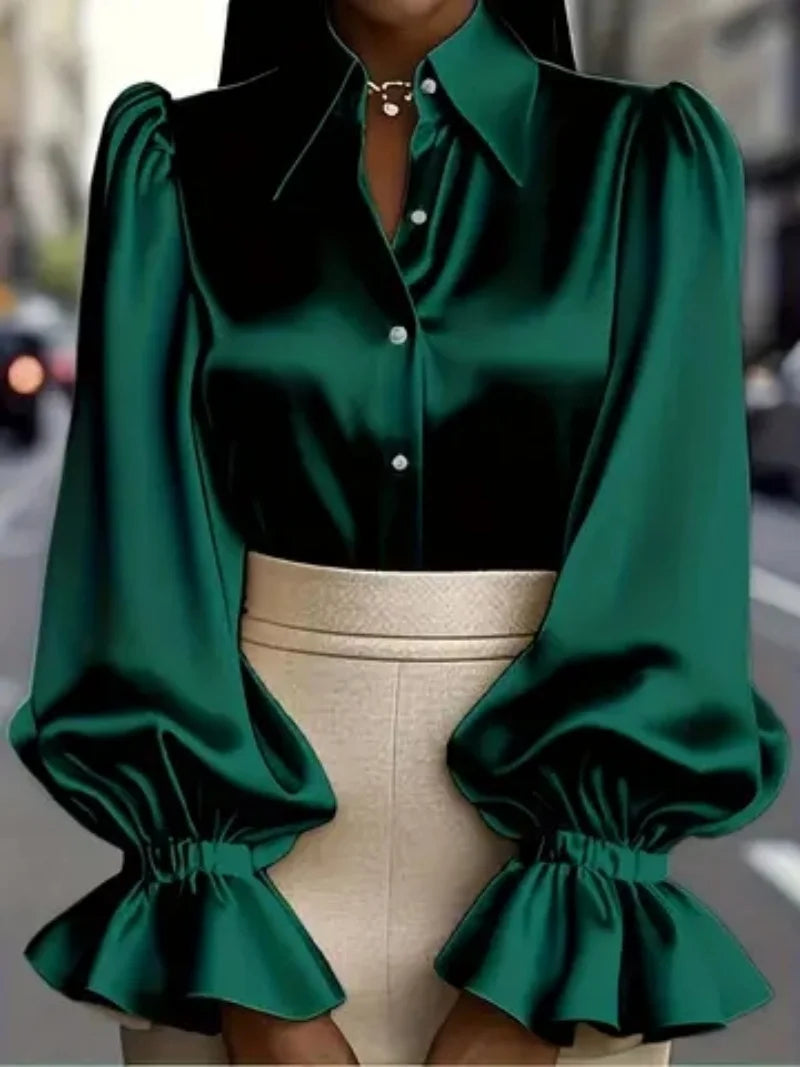 The Parisian Executive Satin Blouse | Ruffled Cuff Button-Down | Chic Office & Casual Silk-Touch Top | Parisian Princess