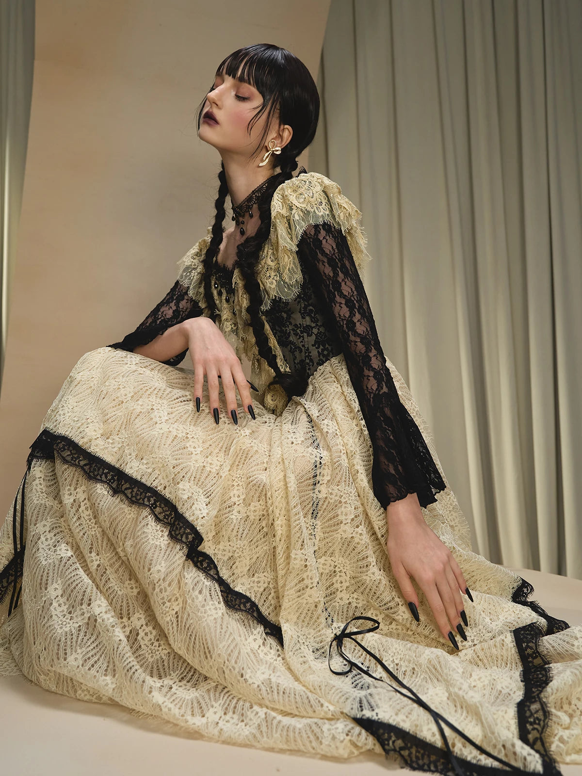 Parisian Lace Maxi Dresses Women Vintage Elegant Slim Luxury Lace Fishbone Dress Birthday Party Evening Dresses