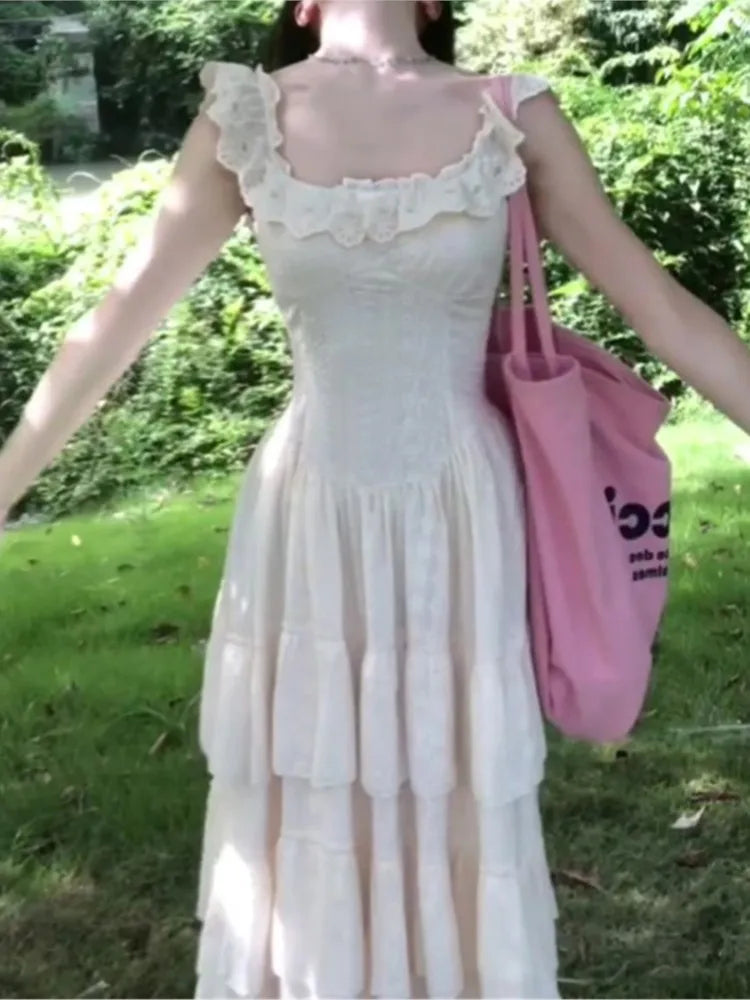 Vintage French Style Ruffles Square Collar Dress Women Summer Holiday Style Sleeveless Fairy Party Dress Fashion Female Clothes