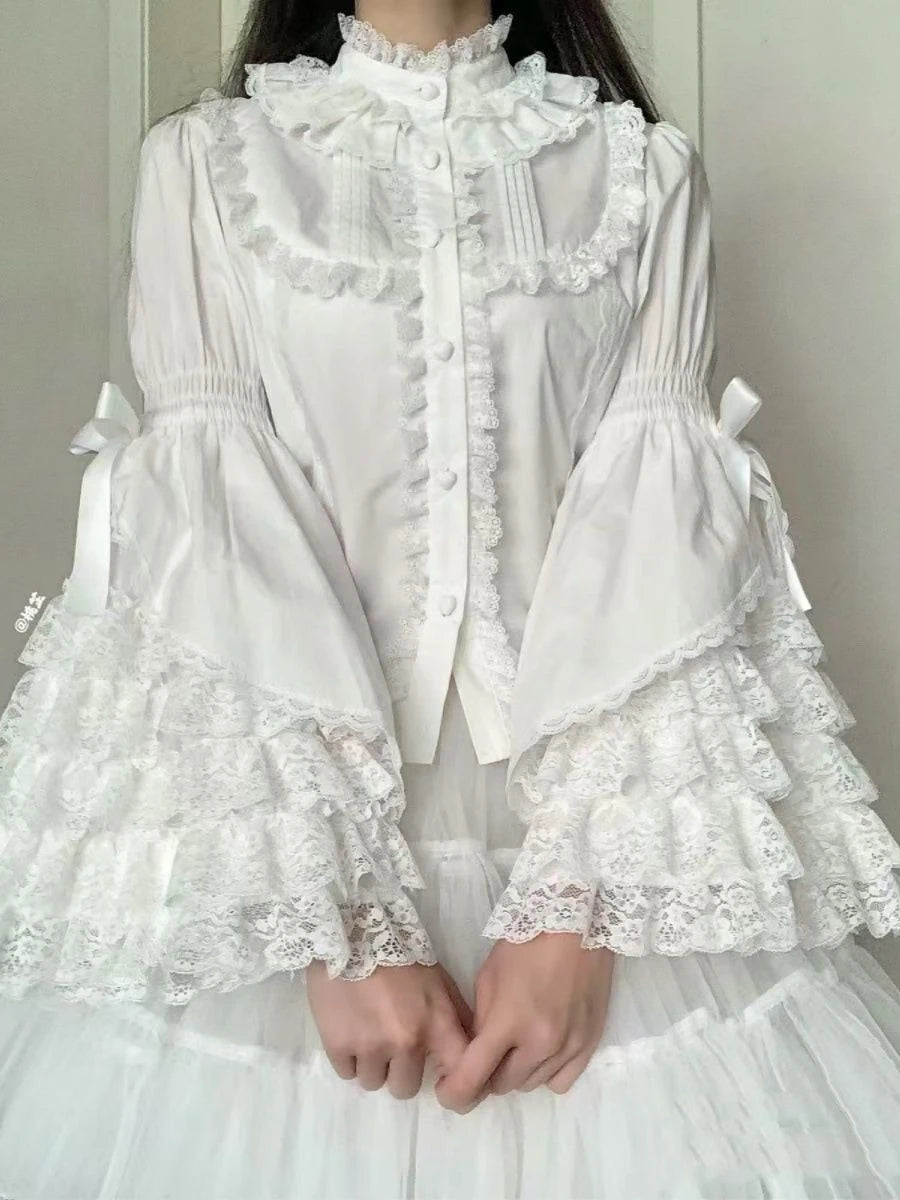 French Parisian Cute Lolita Flare Sleeve Shirt Parisian Aesthetic Lace Patchwork Blouse Tops Women JK Sweet Loose Blusas