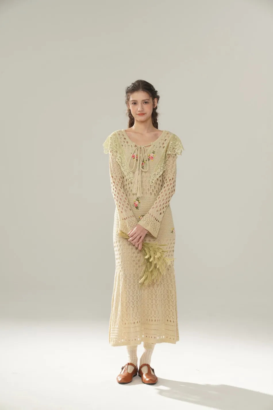 The Versailles Rose Knitted Fishtail | Hand-Embroidered Silk Blend Dress | French V-Neck Gown | Parisian Princess