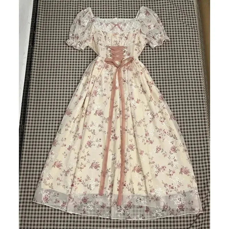 French Sweet Gentle Floral Print Dress Women's Student Summer New Belt Waist Slim Long Skirt Bubble Sleeve Short Sleeve Dress