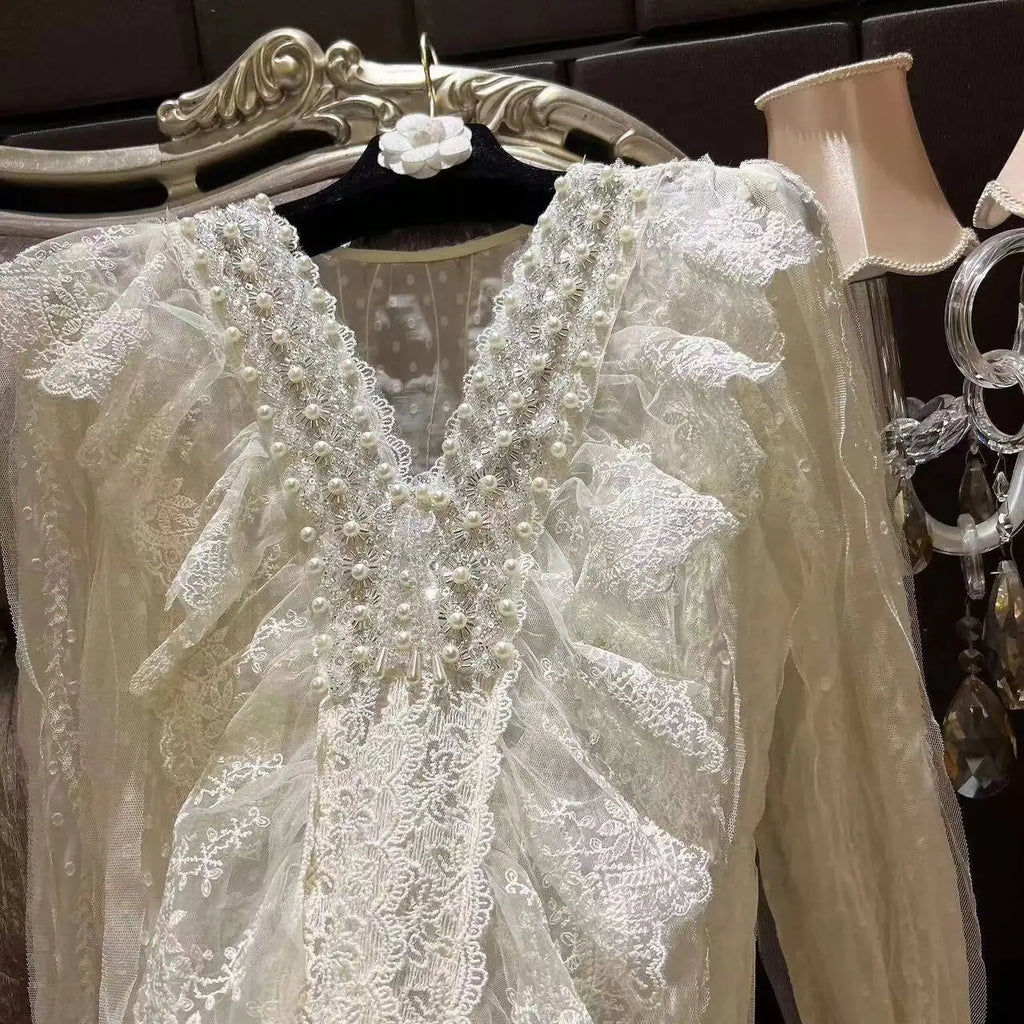 Beading Embroidery Lace Blouse | Lolita Elegant Puff Sleeve Shirt | French Chic V-Neck Spring Top | Parisian Princess