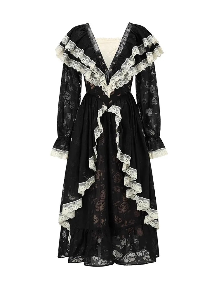Parisian Lace Black Maxi Dresses Women Vintage Elegant Slim Sexy Lace V-Neck Luxury Palace Style Halloween Atmosphere Dress
