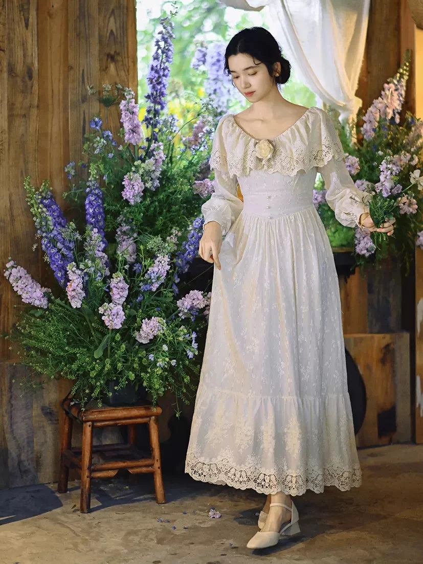 Parisian Signature Women European Vintage Embroidered Slim Waist Comfortable Cotton Maxi Dresses