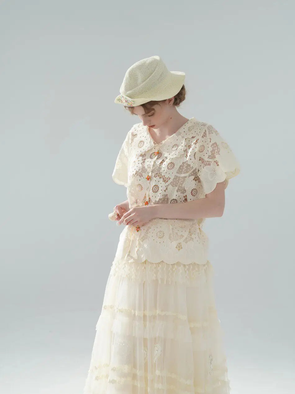 The Palais Cutwork Blouse | Summer Lace Shirt | Handmade 3D Floral All-Over Embroidered Turn-Down Collar Blouse | Parisian Princess