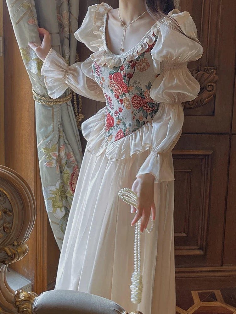 The Trianon Fairy Midi | Vintage Floral Puff Sleeve Prom Dress | Elegant Luxury Print Summer Gown | Parisian Princess