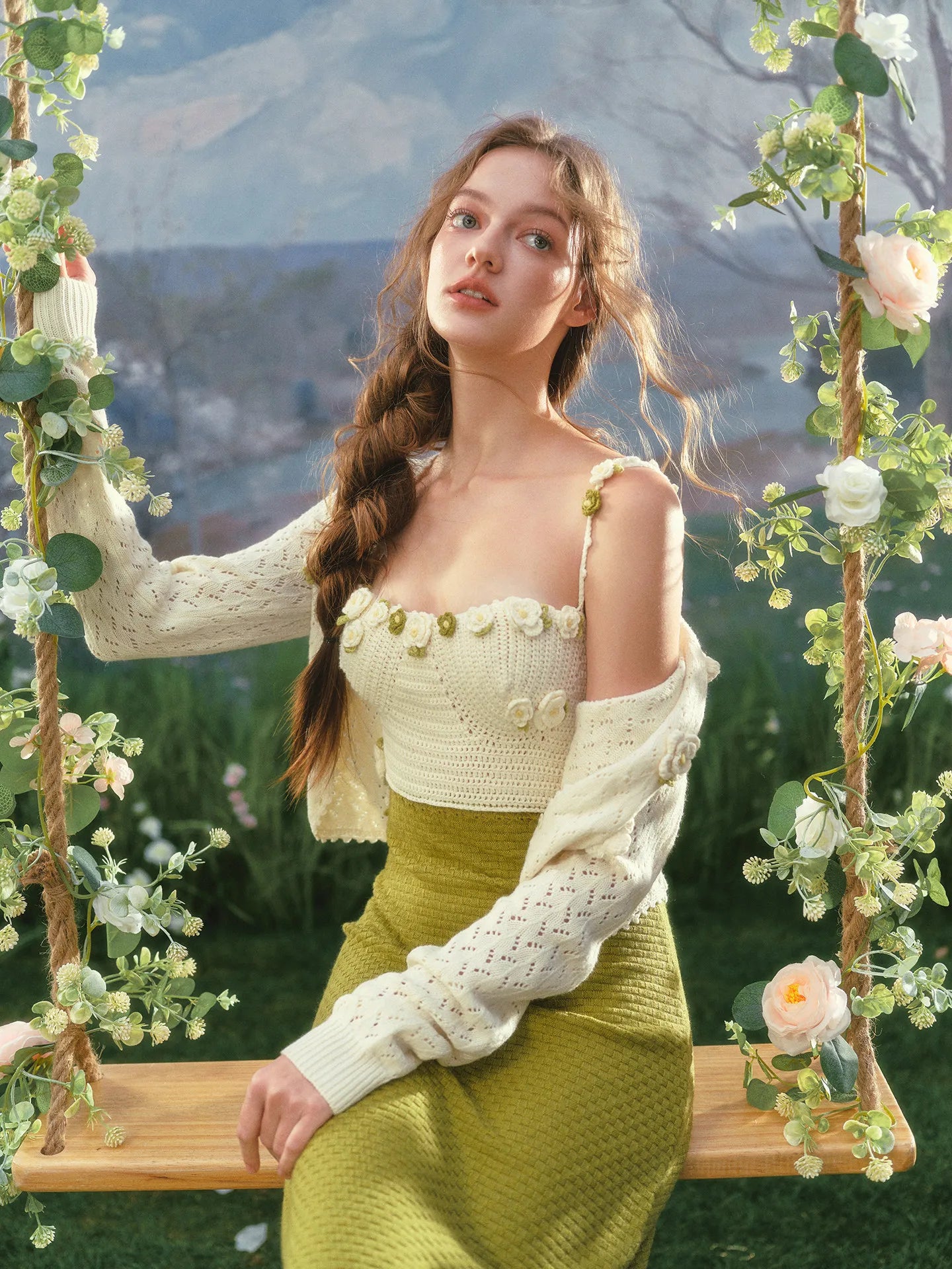 The Garden Princess Crochet Set | Wool Knitted Cardigan & Midi Dress | Handmade Floral Hollow-Out Two-Piece | Parisian Princess