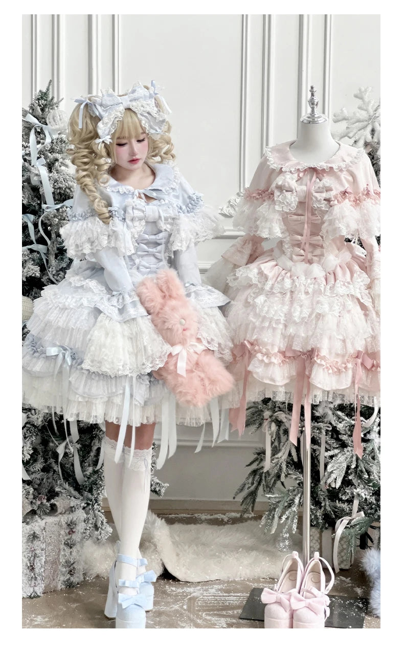 Pink Lolita Princess Dress Women's Bow Lace Heavy Industry Sweet Elegant Birthday Party Evening Dress Lady Suspender Dress Cloak
