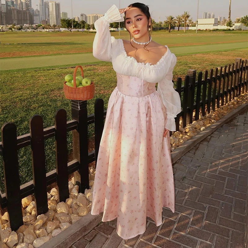 Elegant Sweet Pink Floral Print Princess Dress Off-shoulder Long Sleeve Ankle Length Prom Gown 2025 NEW Patchwork Fishbone Dress