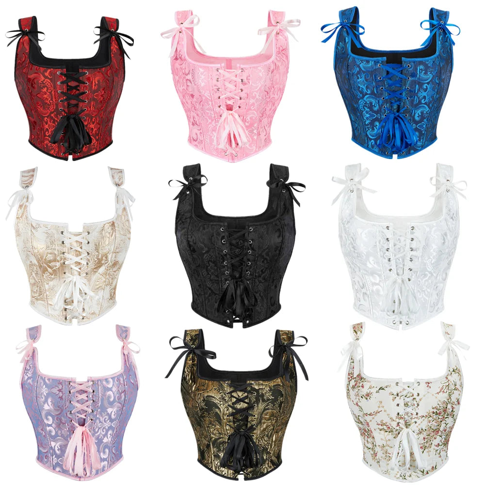 Vintage Women Corset with Straps Gothic Overbust Bustier Vest Lace Up Boned Jacquard Corset Crop Tops