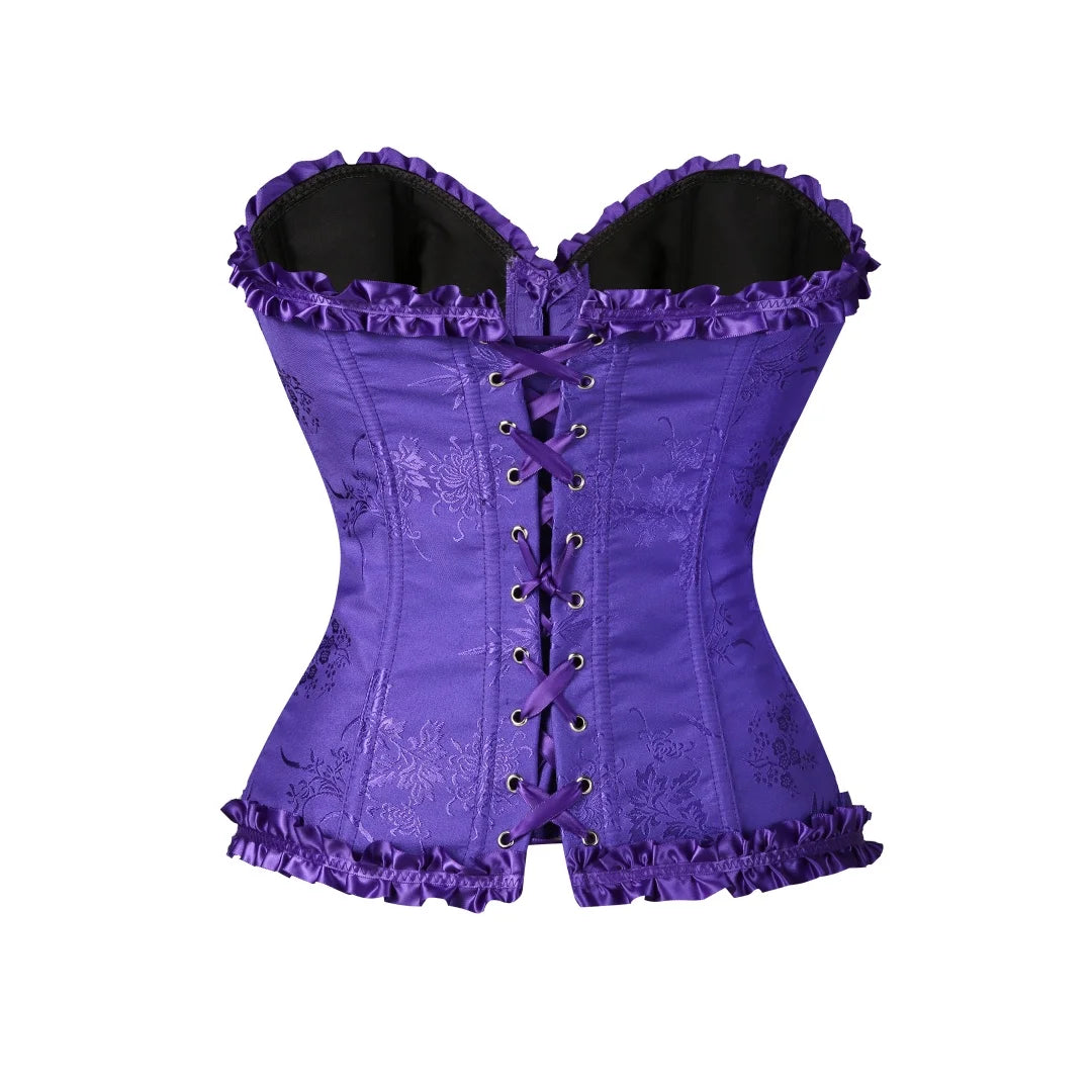 Yellow Jacquard Ruffled Trim Boned Sexy Overbust Push Up Bustier Top Corset Mujer Slimming Corsets For Women Sexy Gothic Clothes