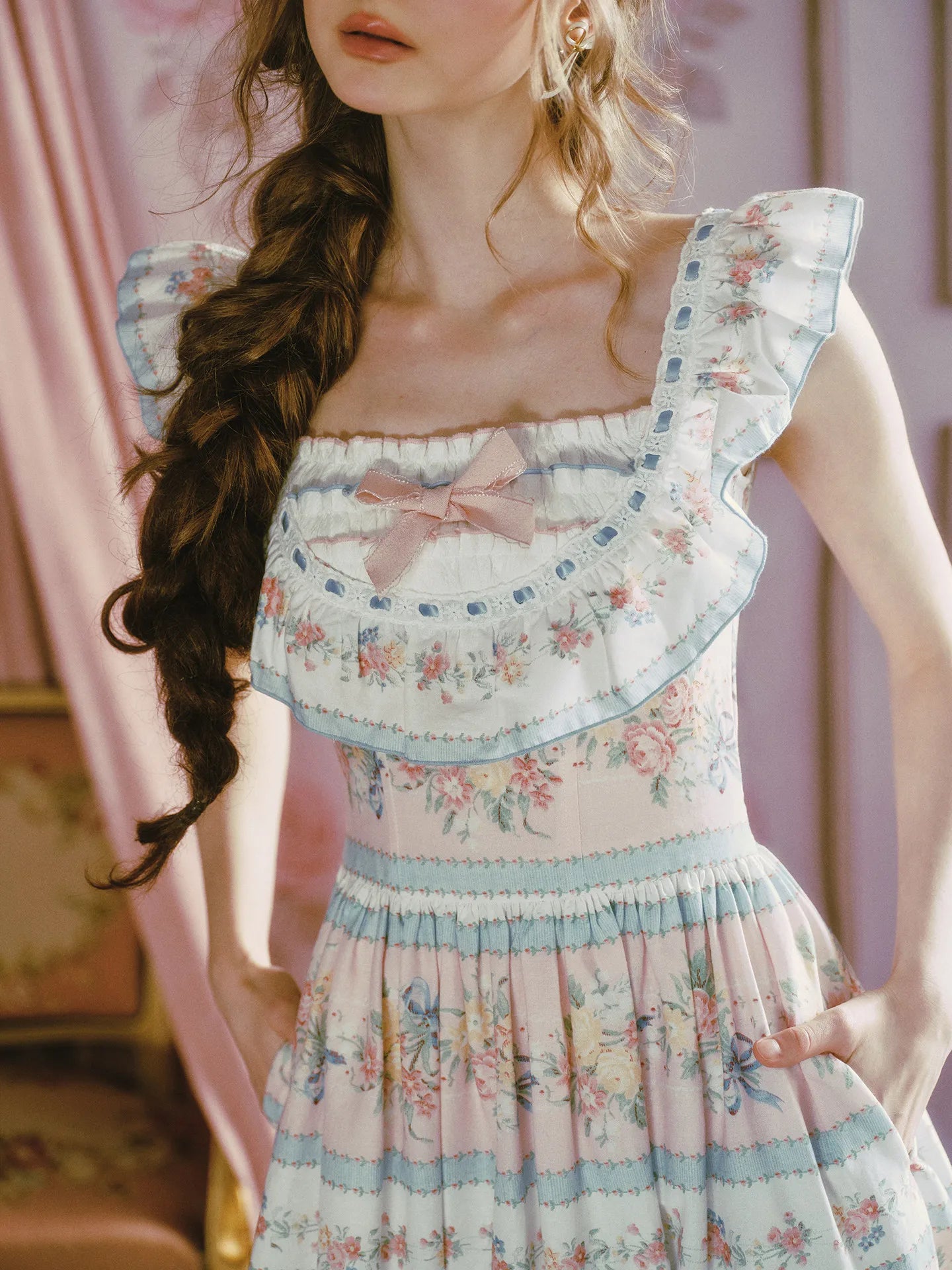 The Petit Ridinghood Dress | Summer Long Pink Floral Dress | 100% Cotton Square Collar Fit & Flare Dress | Parisian Princess