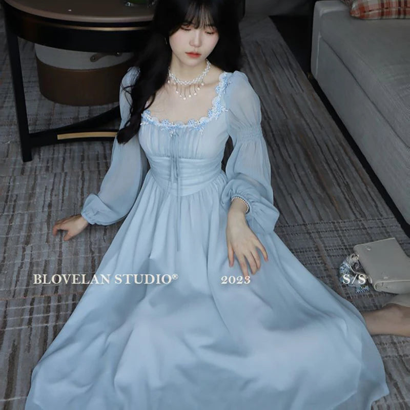 Sweet Sexy Chiffon Dress Women Fashion Slim Elegant French Dress Breathable Long Sleeve Beach Hoiliday Party Vestidos