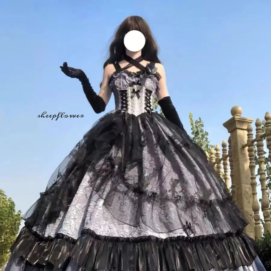 Dophee Original Lolita Flower Wedding Dress Set Gothica Black Pink JSK Dress Elegant Ruffles Mesh Spring Summer OP Dress