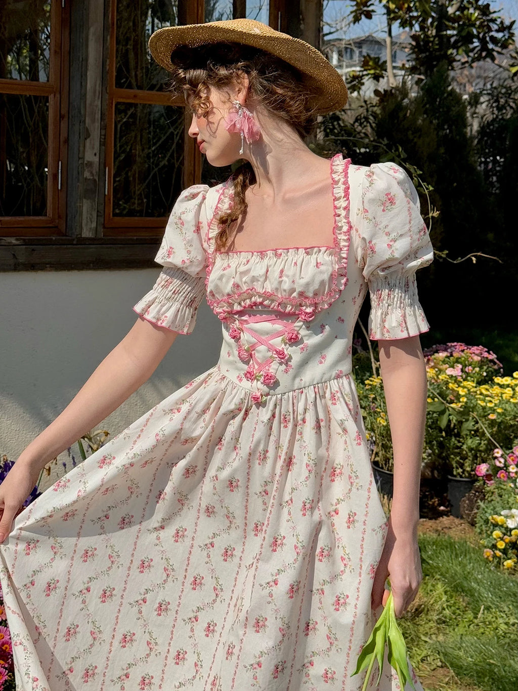 The Giverny Floral Cotton Gown | Square Neck Puff Sleeve Midi | French Countryside Prairie Dress | Parisian Princess