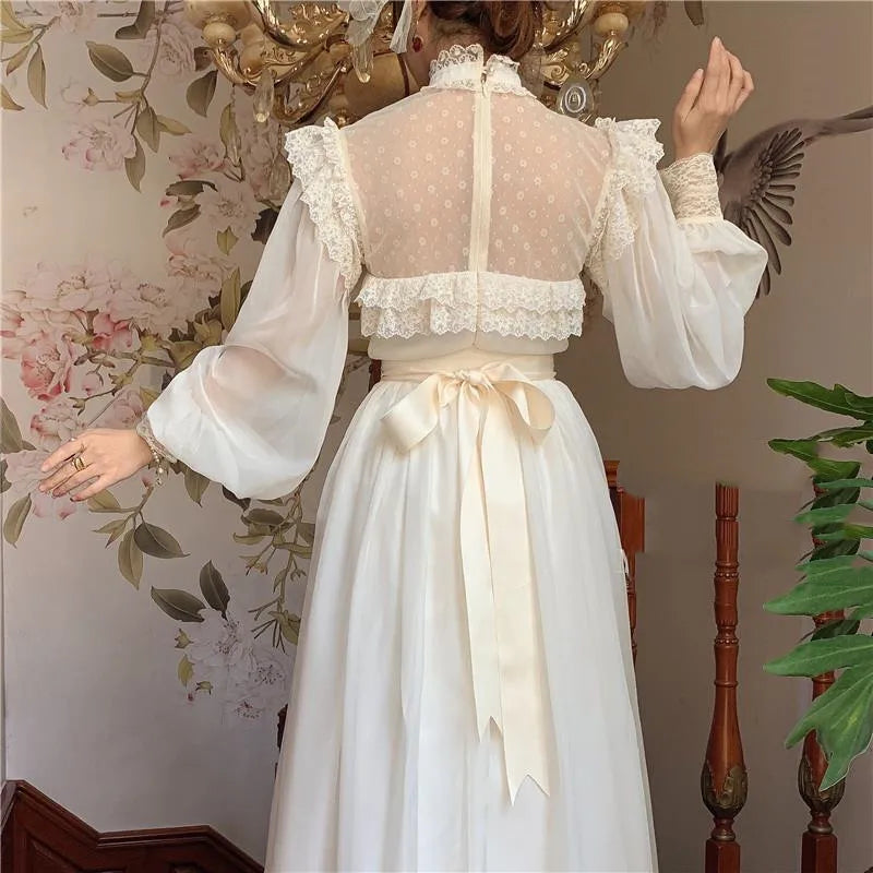 Fairy Woman Chic Romantic Lace Lantern Sleeve Retro Princess Dresses Vestido Festa Faldas Vintage Cottage Chiffon Gatsby Dress