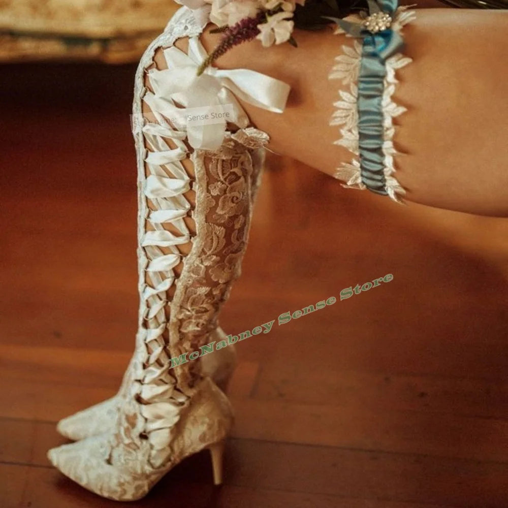 Le Queen Lace Lace-Up Mesh Stiletto | Hollow Pointed Toe Knee-High Boot | Summer Party Heels | Parisian Princess
