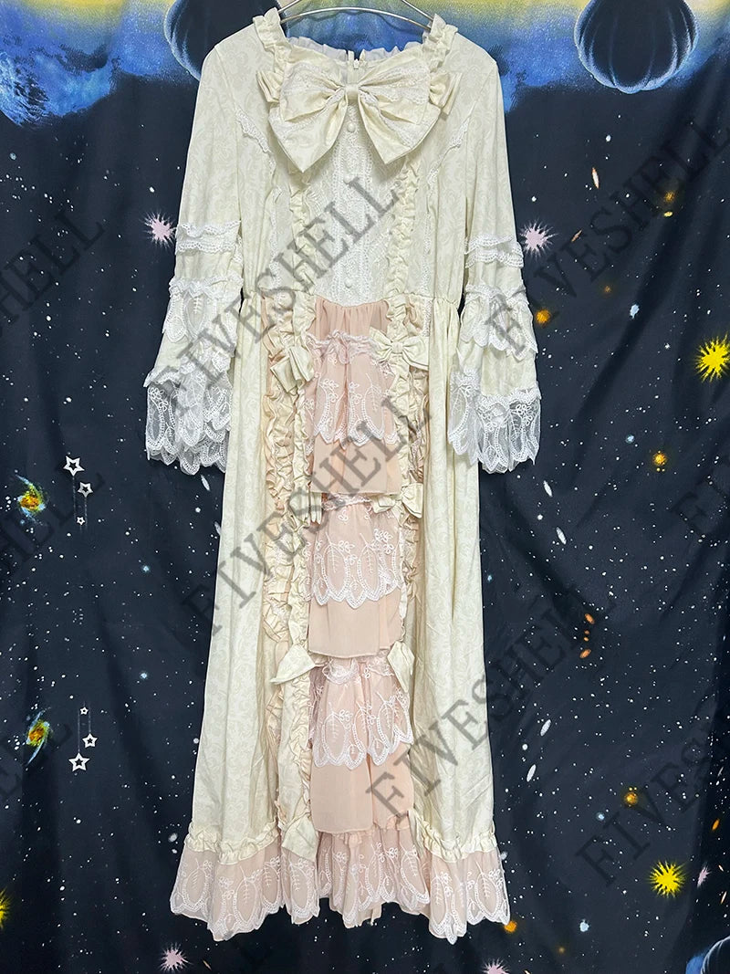 Anime Lolita Princess Dress For Women Cute Bow Lace Chiffon Stitching Dresses Ladies All-match Large Swing Skirts New