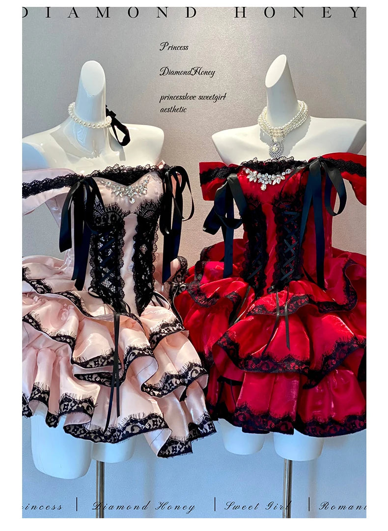 Princess Romantic Date Anniversary Wedding Party Pink Dress Girls Women's Sweet Lolita Halter Off-Shoulder Ball Gown Dresses