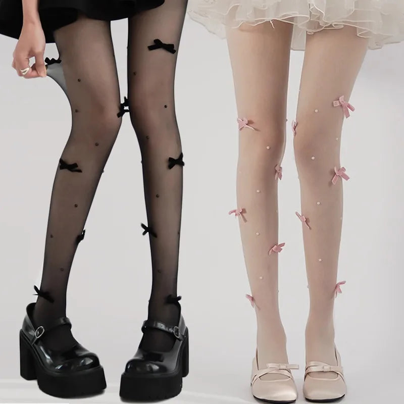 Lolita Pink Velvet Bow Embroidery Pearl Tights Pantyhose Fashion Women Tights JK Lolita Styles Sweet Girls Kawaii Cute Stocking