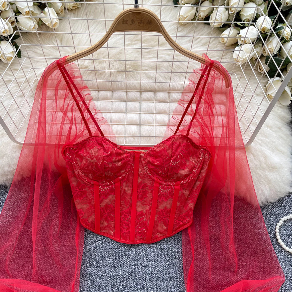 Women Chic Lace Mesh Sheer  Long Sleeve Backless Crop Top Solid Slim Parisian French Fashion Summer Women Shirt Square Collar