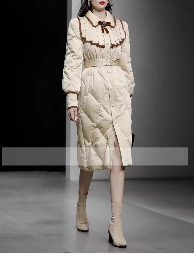 The Grand Trianon Gown Coat | Parisian Longline Bow-Waist Puffer | Elegant Doll Collar Lace-Up Down Jacket | Parisian Princess