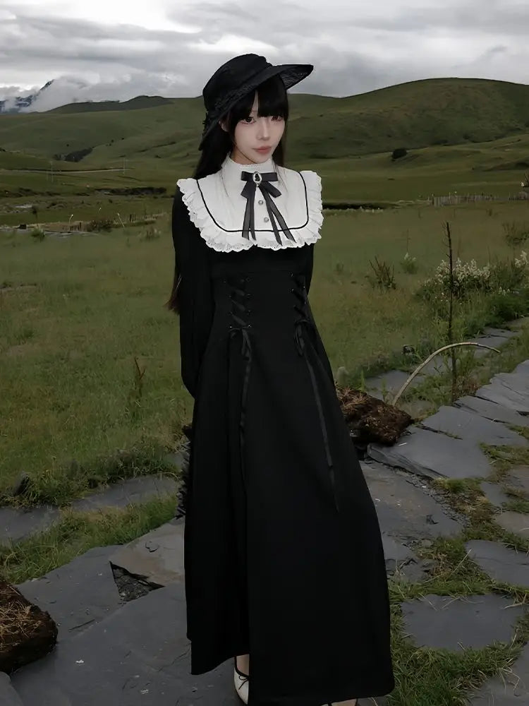 Japanese Y2K Patchwork Midi Dress Women Harajuku Gothic Lace Up Long Dress Female Sweet Lolita Bow Long Sleeve Chic Vestidos New