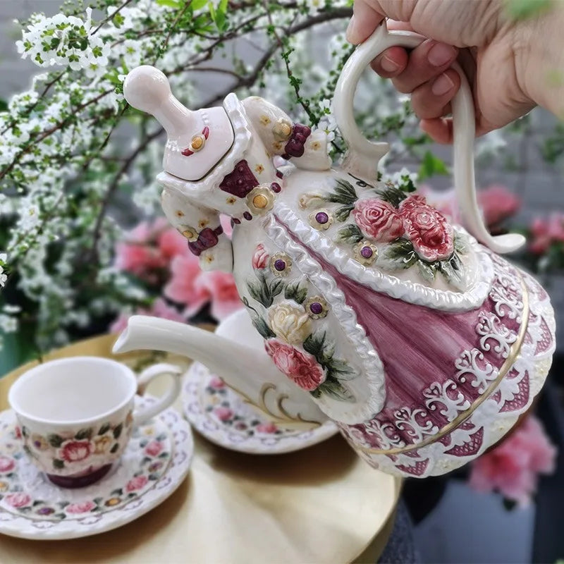 Hand Painted Relief Rose Coffee Pot Ceramic Teapot Elegant Luxury Teapots Aesthetic Retro Coffee Pots with Lid Tea Tableware