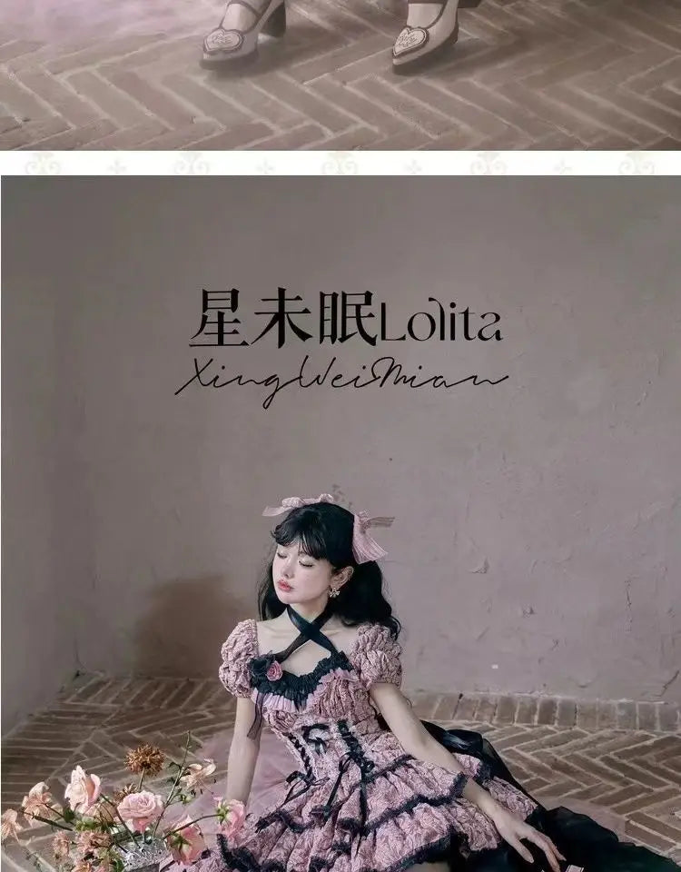 Dophee Original Lolita Flower Wedding Dress Set Gothica Black Pink JSK Dress Elegant Ruffles Mesh Spring Summer OP Dress