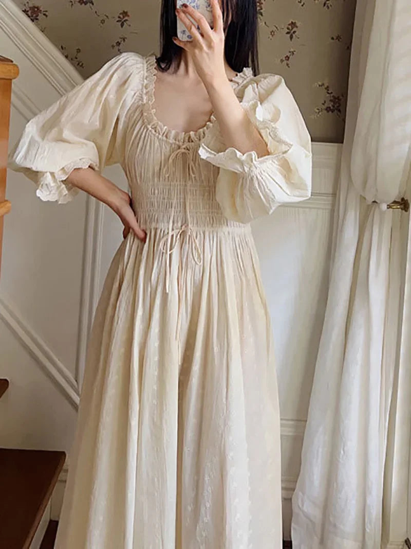 Cotton Embroidery French Languid U-Neck Ruffles Princess Nightgown Lace-up Vintage Fairy Night Dress Spring Pajamas Sleepwear