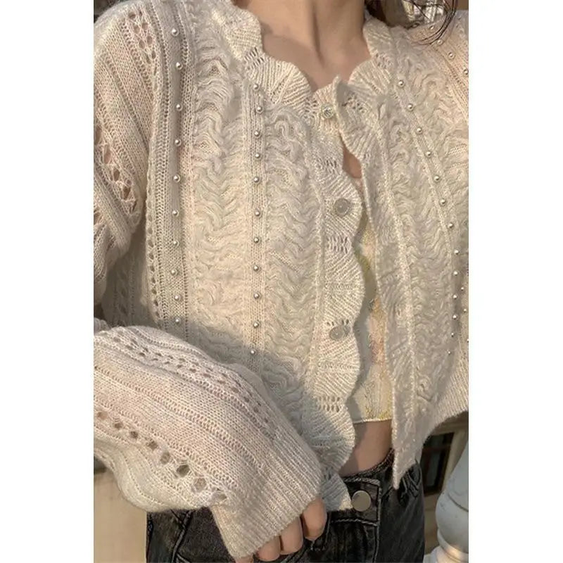 The Starry Ballet Cardigan | Parisian Hollow-Out Beaded Knit Jacket | Spring Autumn O-Neck Short Style Sweater | Parisian Princess