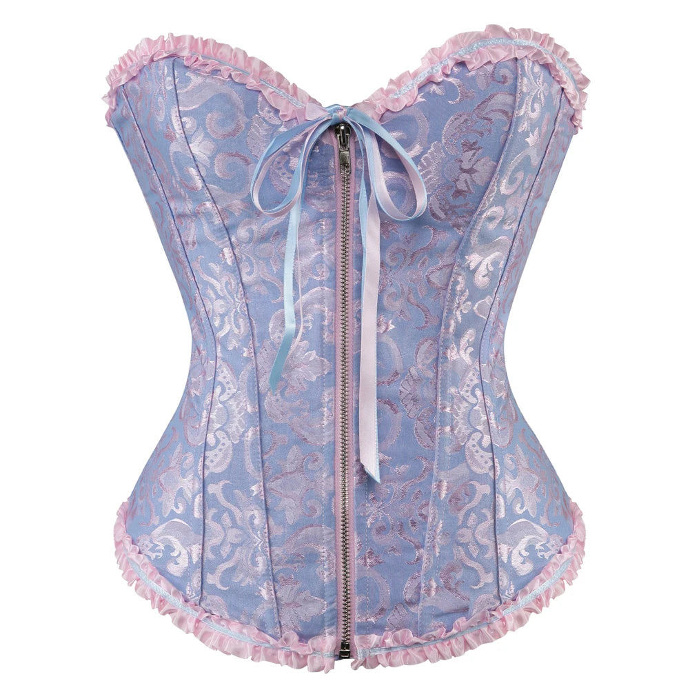 Sexy Lace Overbust Corset Top Women Vintage Satin Bow Bustier Lingerie With Zipper Plus Size Body Shaper Burlesque Corsets