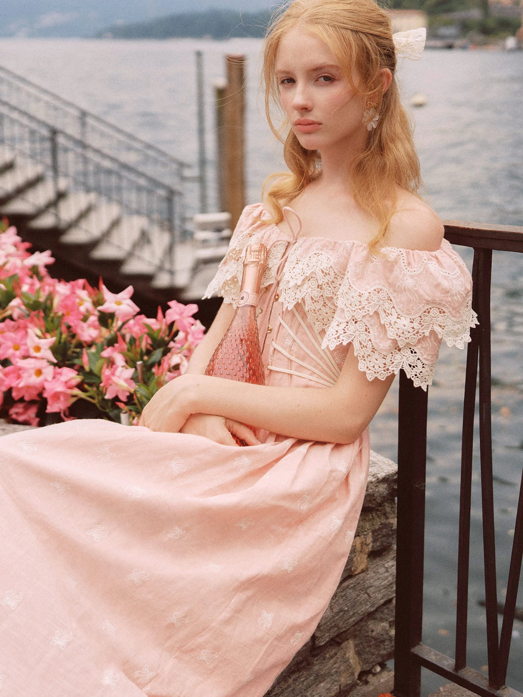 80-102cmSummer Pink Birthday Party Long Dress Women Vintage ElegantSlim Sexy Boat Neck Hollow Out Embroidery Lace Fishbone Dress