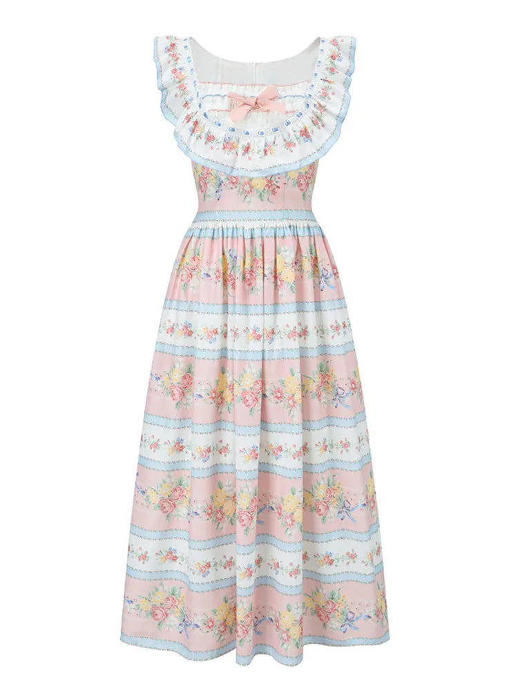 The Petit Ridinghood Dress | Summer Long Pink Floral Dress | 100% Cotton Square Collar Fit & Flare Dress | Parisian Princess