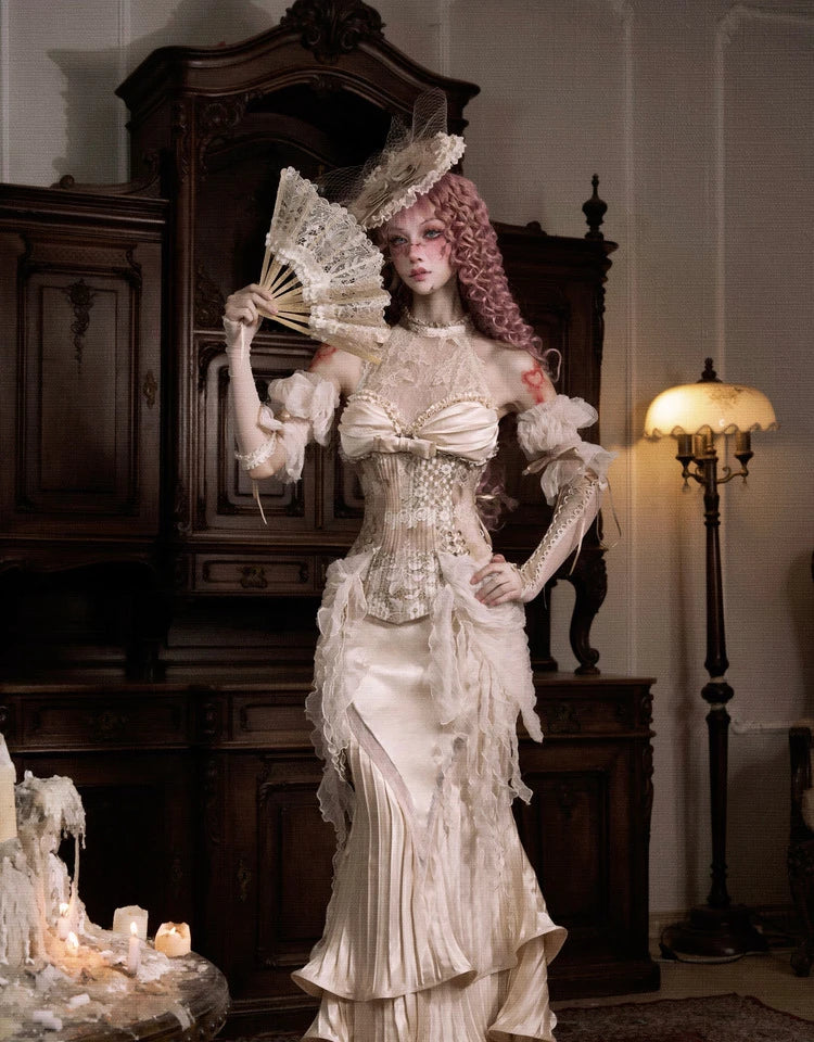 The Fontainebleau Lace Halter Set | Bow Top & Long Fishtail Skirt | Vintage Parisian Evening Wear | Parisian Princess