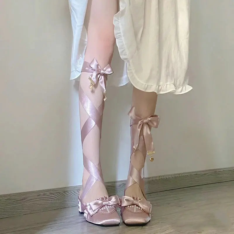 The Swan Satin Ballet Pumps | Lace-Up Platform Mary Jane | French Fairy Lolita Heels | Parisian Princess