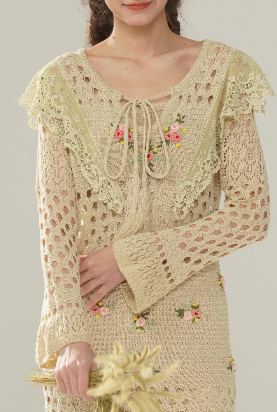 The Versailles Rose Knitted Fishtail | Hand-Embroidered Silk Blend Dress | French V-Neck Gown | Parisian Princess