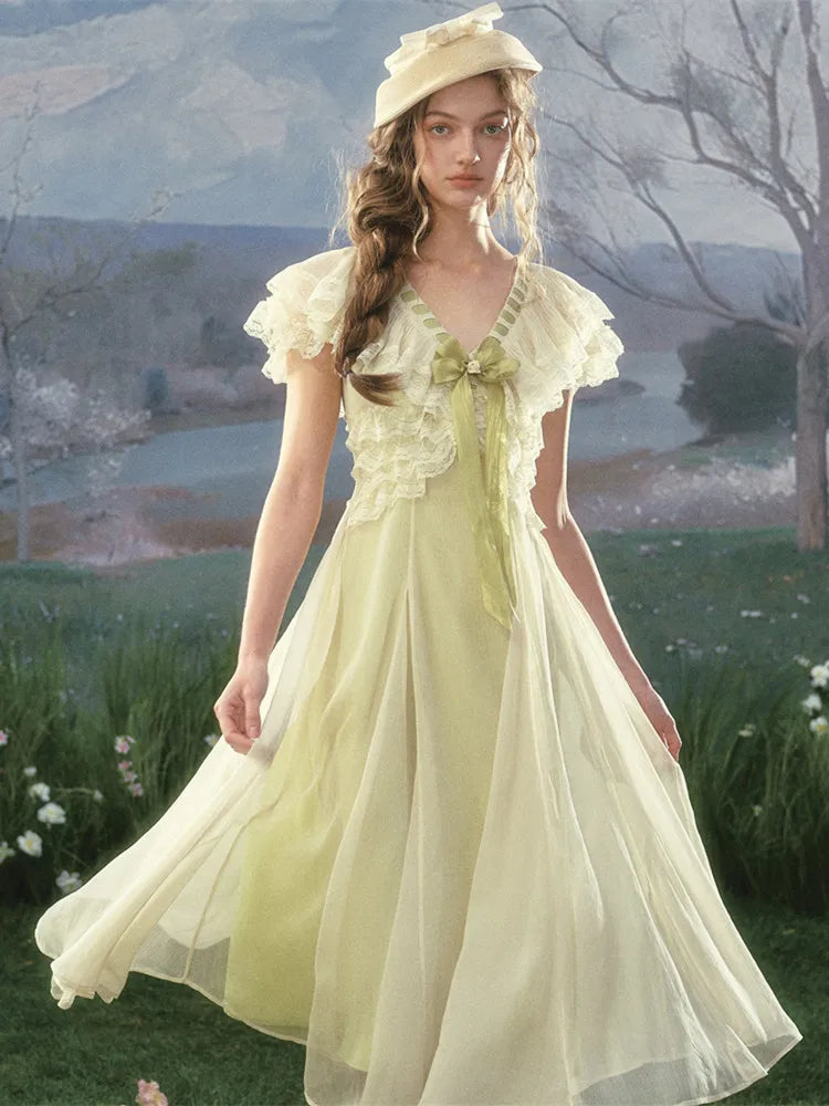 The Spring Meadow Butterfly Lace Gown | French Pastoral V-Neck Midi | Empire Waist Princess Dress | Parisian Princess
