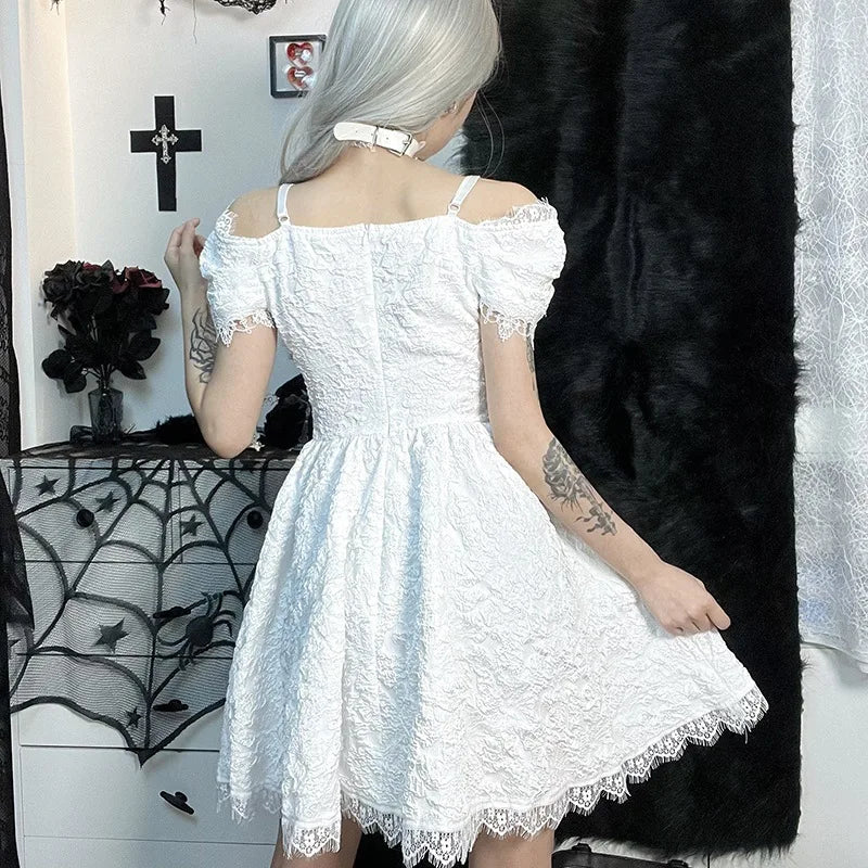 Gothica Lace Short Dress Women Cobweb Patchwork Short Sleeve Cold Shoulder Halloween Outfit Horror Ruffle Trim Costume
