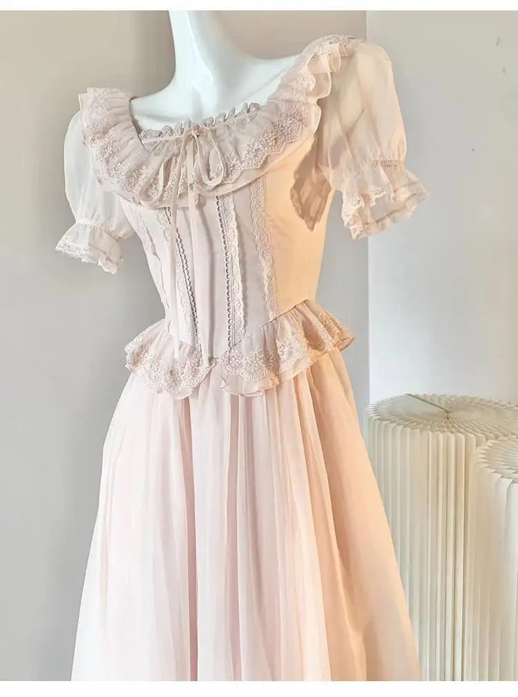 Timeless Signature Parisian Blush Pink Lace Dress French Couture Puff Sleeve Sweet Elegant Max