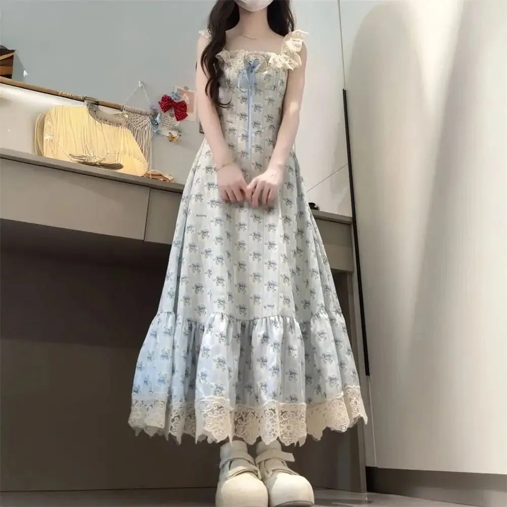 Parisian College Style Floral Print Strapless Dress Blue Sweater Cardigan Two-Piece Set Women's Fashion Casual Outfit Ensemble