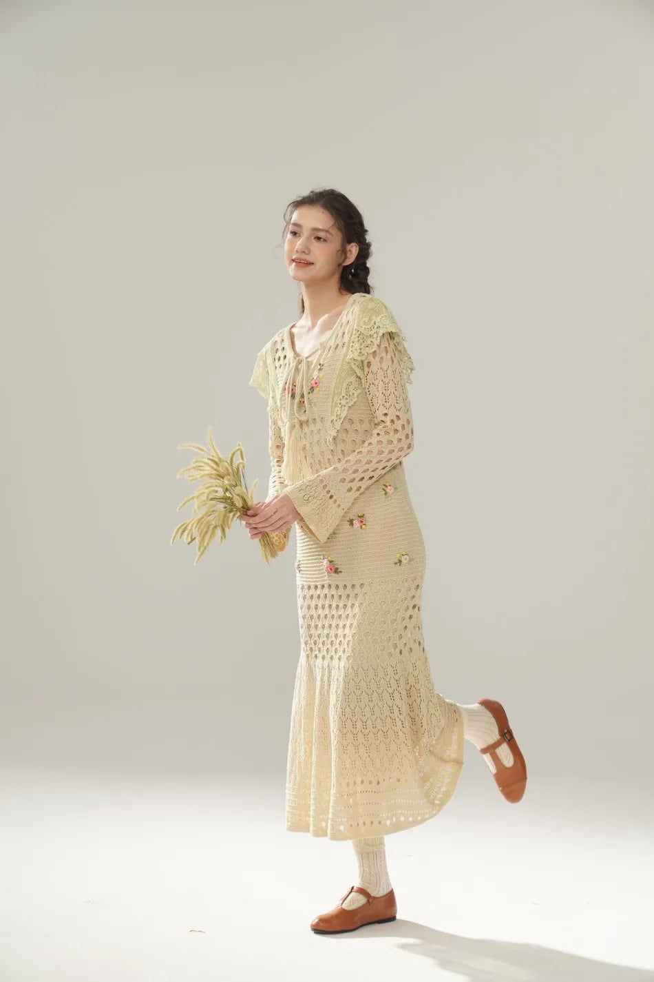 The Versailles Rose Knitted Fishtail | Hand-Embroidered Silk Blend Dress | French V-Neck Gown | Parisian Princess