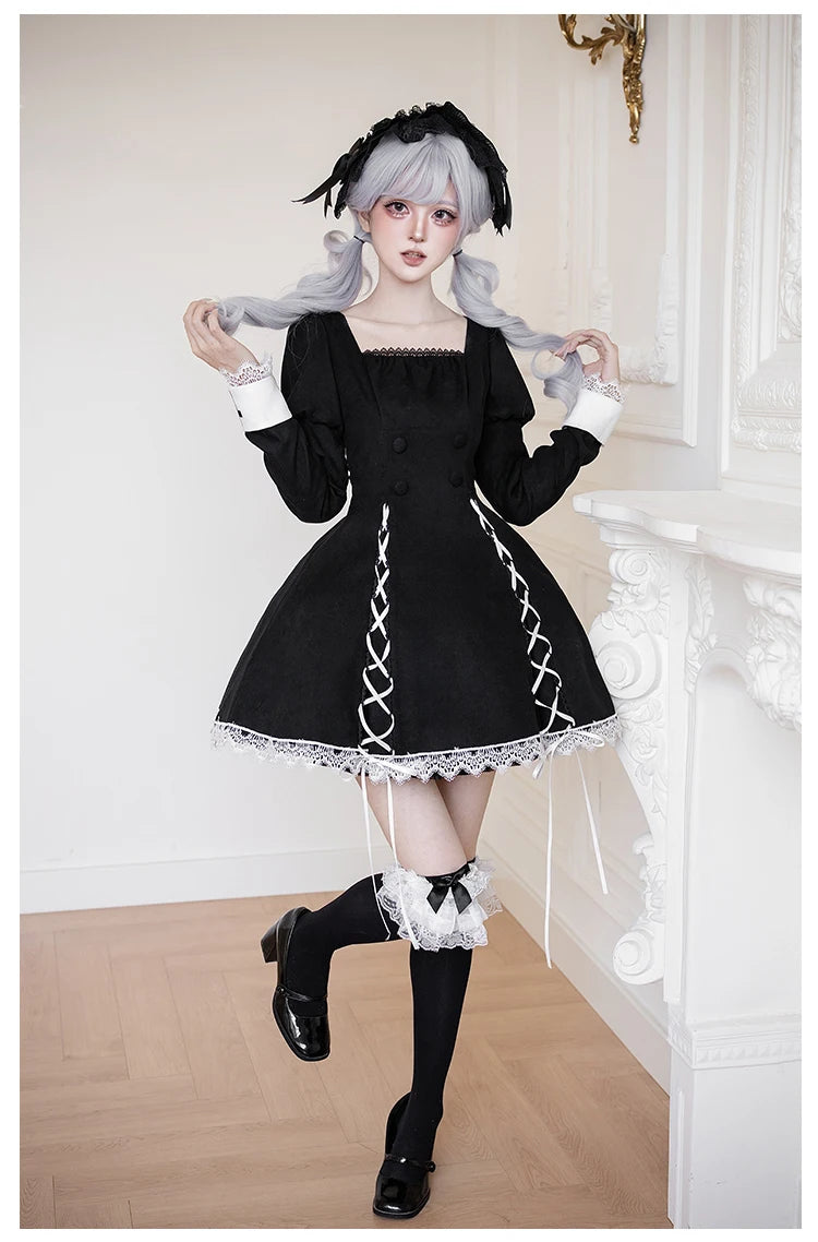 Original French Elegant Court Black Long Mermaid Dresses Op Autumn New Women's Slim Fit Lolita Long Sleeve Dress Gothic Dresses