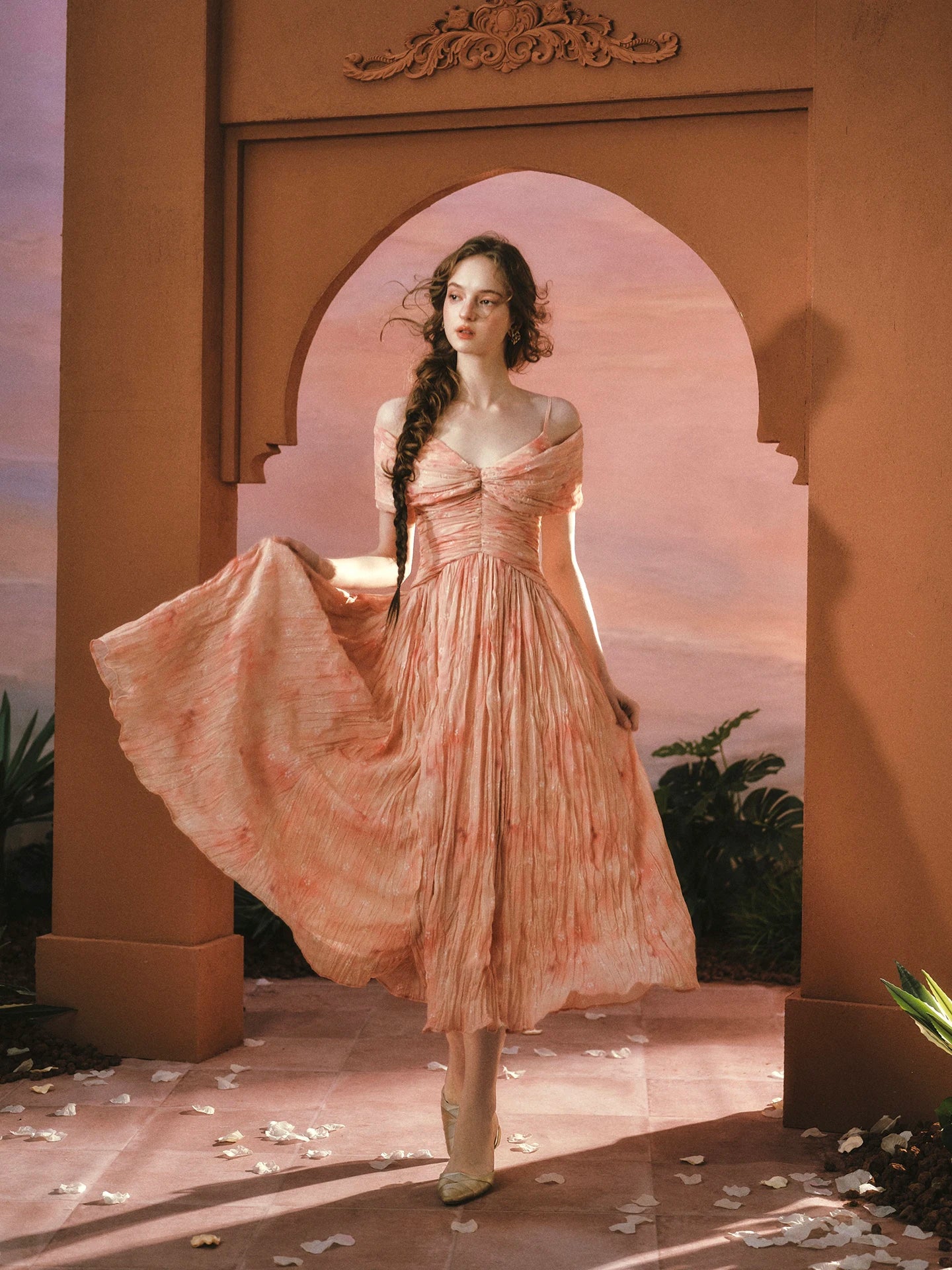 The Caprician Sunset Oil Painting Gown | Coral Shimmer Fairy Skirt | 3/4 Sleeve A-Line Dress | Parisian Princess