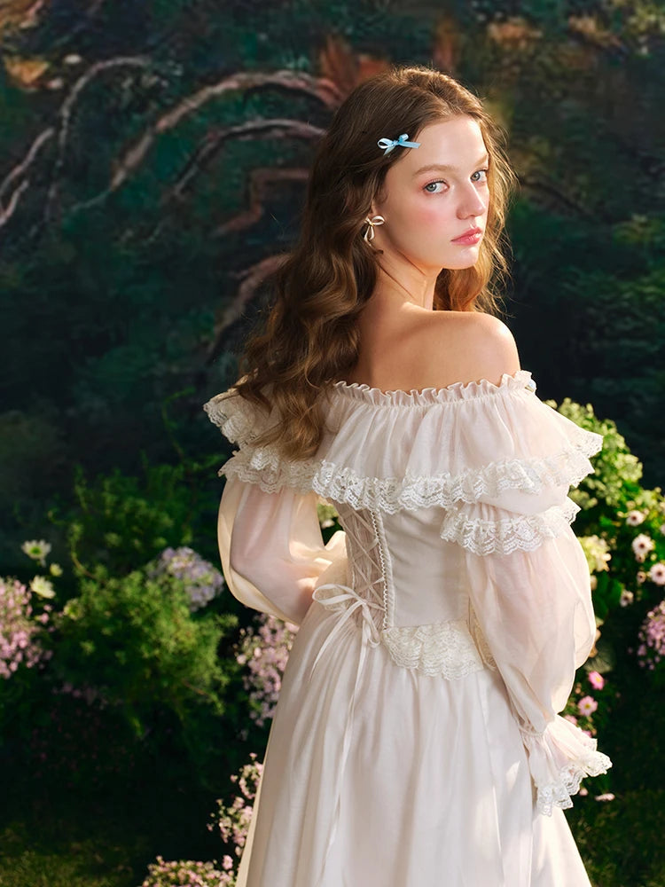 French Countryside Dress Full Lantern Sleeve Long Maxi Ladies XS-XL Vintage High Waist Lace Slash Neck White Lace Up 2025