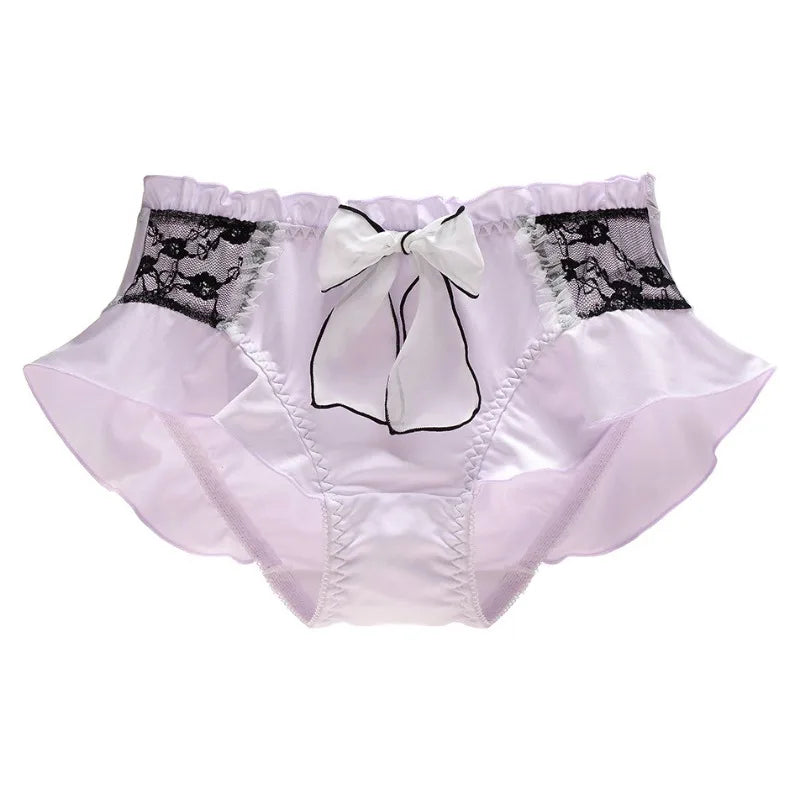 The Macaron Milk Silk Briefs | Lolita Lace Ruffle Panties | Sweet Bow Ribbon Intimates | Parisian Princess