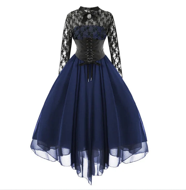 The Gothica Midnight Cathedral Gown | French Lace-Up Corset Maxi | Vintage Punk High Waist Ball Gown | Parisian Princess
