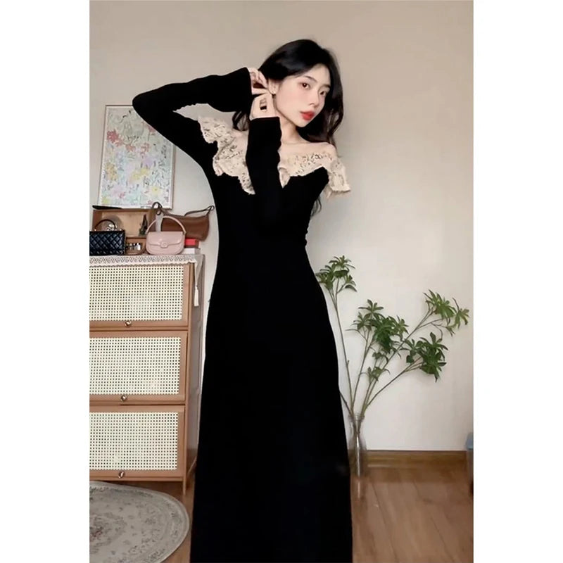 Vintage Lace Black Midi Dress Women Party Sexy Slash Neck Bandage Dresses Autumn Korean Elegant Long Sleeve Bodycon Vestidos New